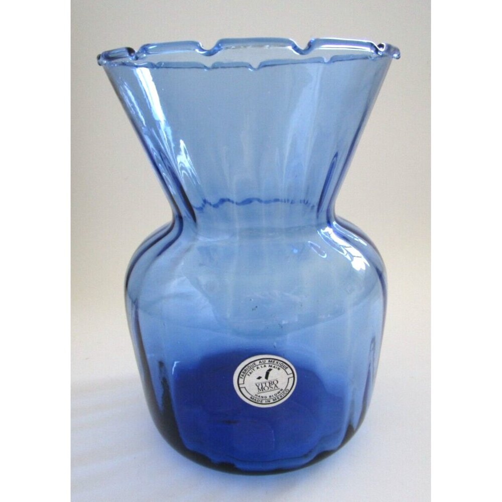Vitro Mosa Mexican Hand Blown Navy Blue Art Glass Vase - Etched Rim - Vintage